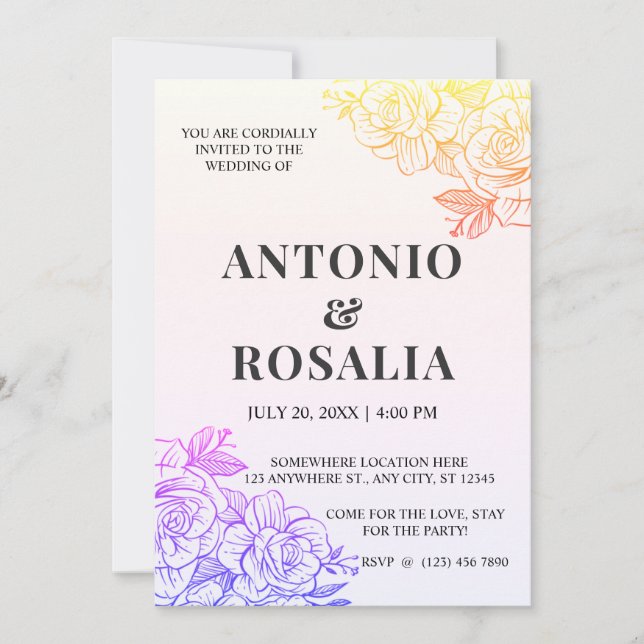 Invitation Fleurs jaunes et violettes Illustration vintage We (Devant)