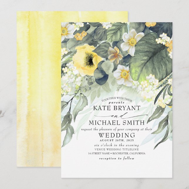 Invitation Fleurs Jaunes Jardin d'été Mariage romantique (Devant / Derrière)