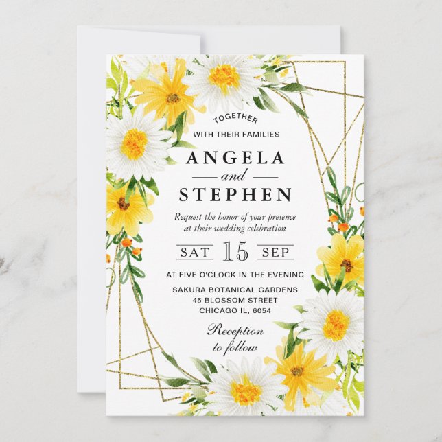 Invitation Fleurs Jaunes Mariage de cadre Or (Devant)