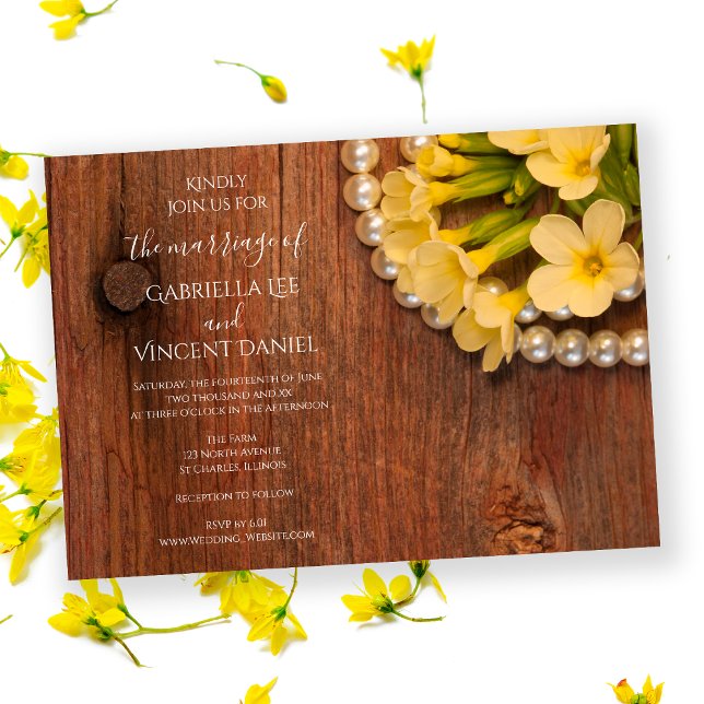 Invitation Fleurs Jaunes, Perles, Mariage campagnard En Bois  (Créateur téléchargé)