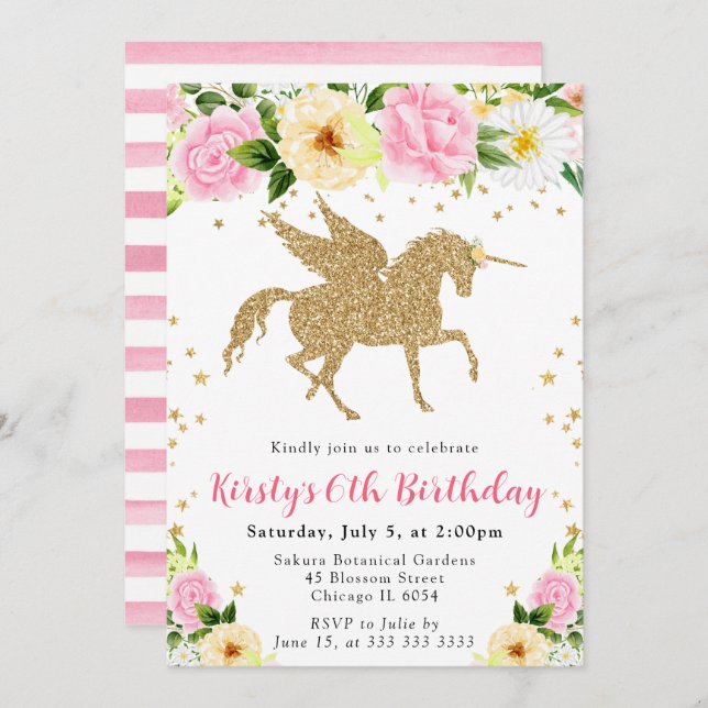 Invitation Fleurs Jaunes Roses Or Unicorne Anniversaire (Devant / Derrière)