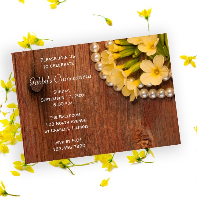 Invitation Fleurs Jaunes Rustiques Perles Quinceanera Grange (Créateur téléchargé)