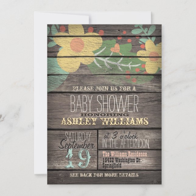 Invitation Fleurs jaunes sur Baby shower de bois rustique (Devant)