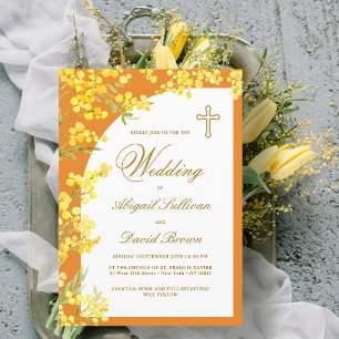 Invitation Fleurs jaunes sur mariage religieux orange