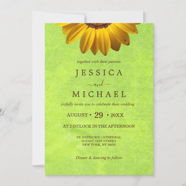 Invitation Fleurs jaunes sur Mariage vert Abstrait (Devant)