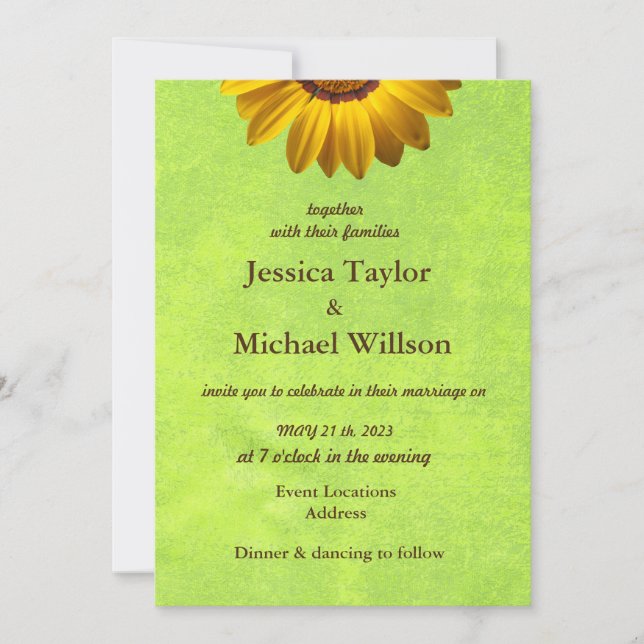 Invitation Fleurs jaunes sur Monogramme vert Abstrait (Devant)
