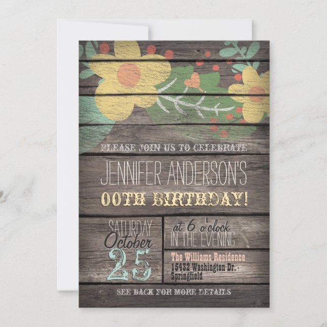 Invitation Fleurs jaunes sur Rustic Adulte Ado Anniversaire (Devant)