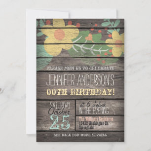 Invitation Fleurs jaunes sur Rustic Adulte Ado Anniversaire
