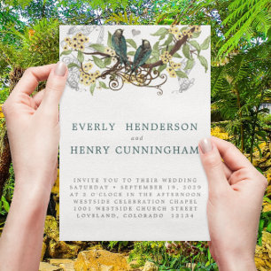 Invitation Fleurs Jaunes Turquoise Vintage Lovebird Mariage