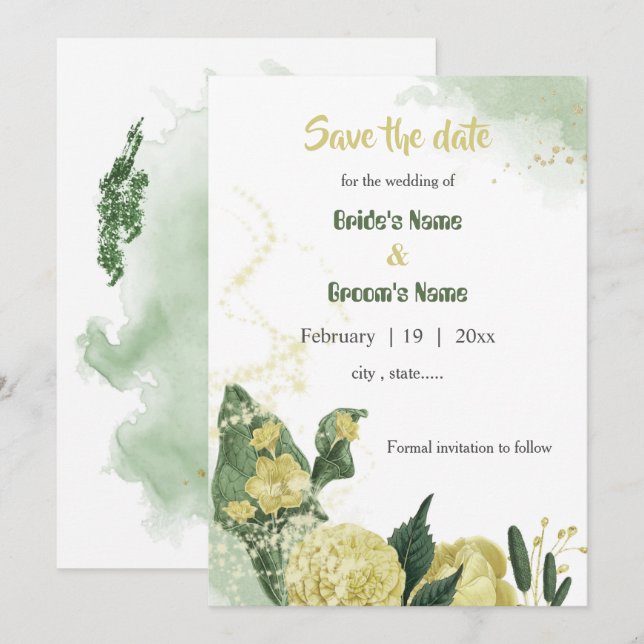 Invitation fleurs jaunes verdure enregistrer la date (Devant / Derrière)