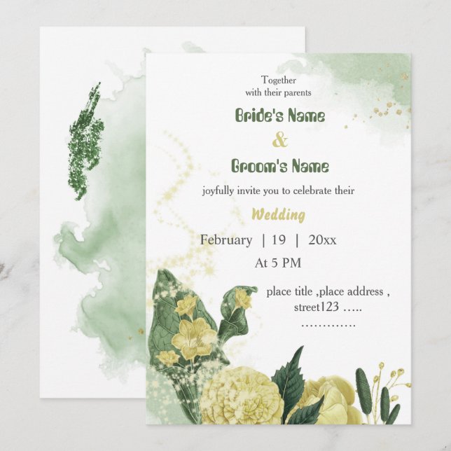 Invitation fleurs jaunes verdure mariage (Devant / Derrière)