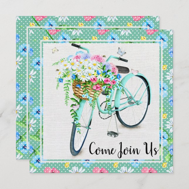 Invitation Fleurs jolies et fête d'anniversaire de vélo vert (Devant / Derrière)
