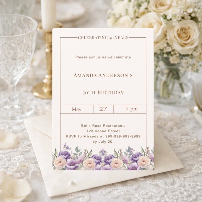 Invitation Fleurs lavande ivoire d'anniversaire (Créateur téléchargé)