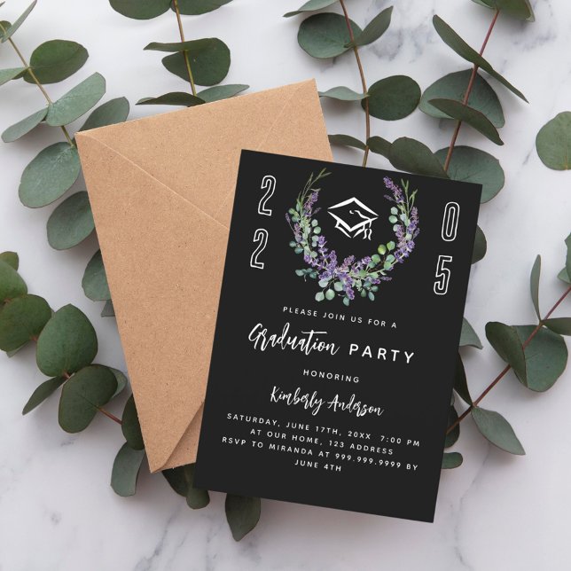 Invitation Fleurs lavande noir blanc pour la fête de remise d (Créateur téléchargé)