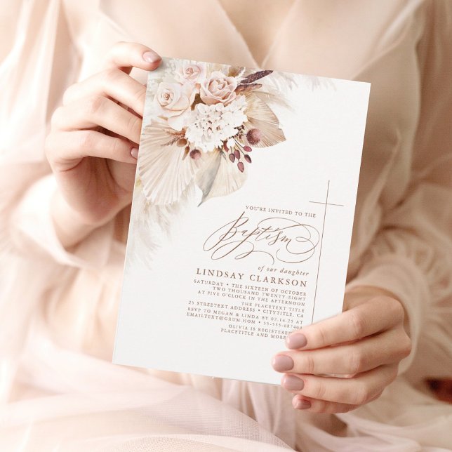 Invitation Fleurs légères douces et Pampas Grass Boho Baptême (Créateur téléchargé)