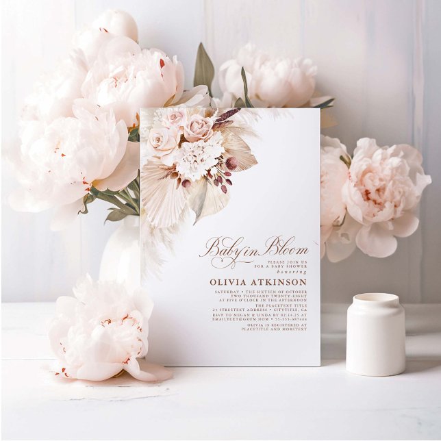 Invitation Fleurs légères et Baby shower en laiton de Pampas (Baby in Bloom Cream Flowers Boho Baby Shower Invitations)