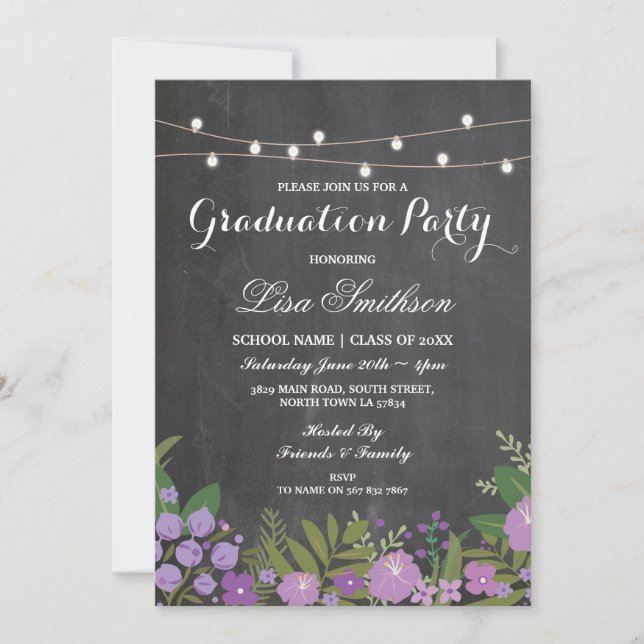 Invitation Fleurs Lilac Chalk de la partie de graduation rust (Devant)