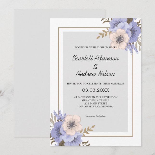 Invitation Fleurs Lilac Et Beige Mariage (Devant / Derrière)