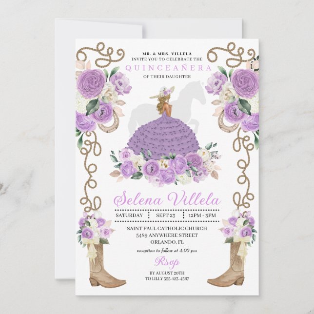 Invitation Fleurs Lilac Ouest rustique Charro Quinceañera (Devant)