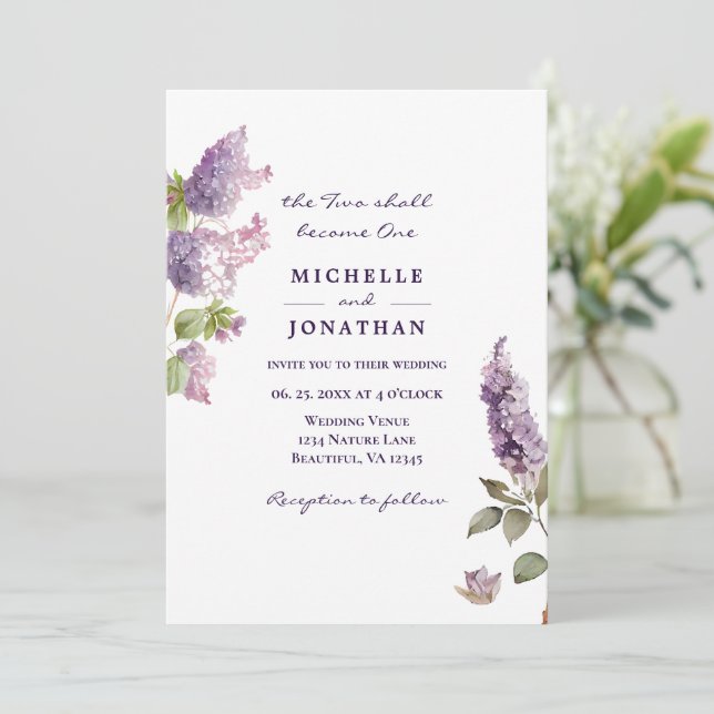 Invitation Fleurs Lilac simples Verdure Mariage chrétien (Debout devant)