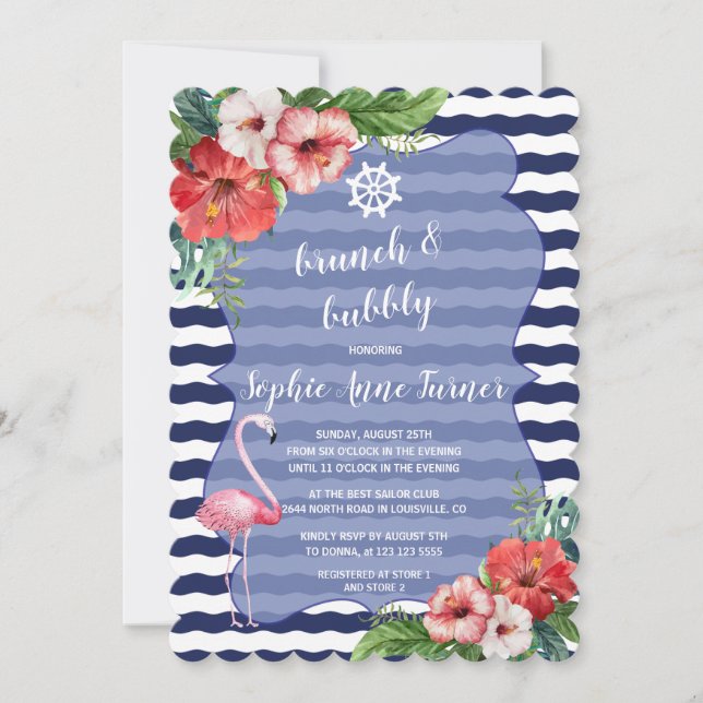 Invitation Fleurs Luau Flamant rose Marine Stripes Brunch & B (Devant)