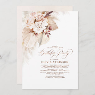 Invitation Fleurs lumineuses et Pampas Boho en herbe Annivers