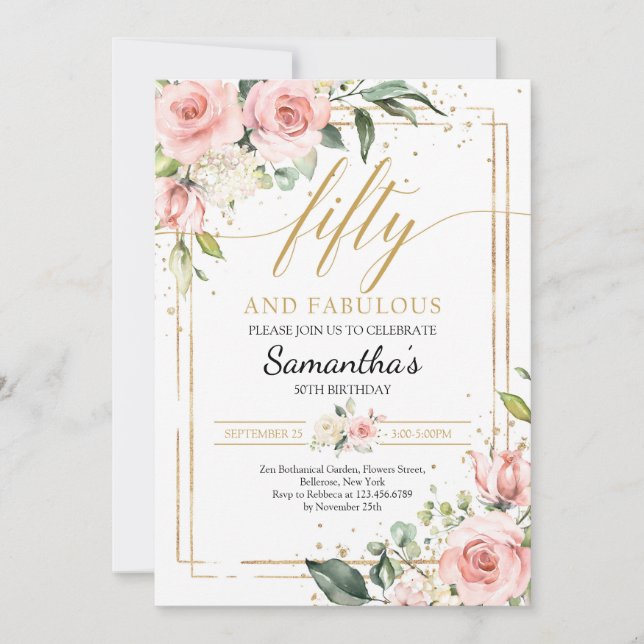 Invitation Fleurs luxuriantes blush or rose cinquante et fabu (Devant)