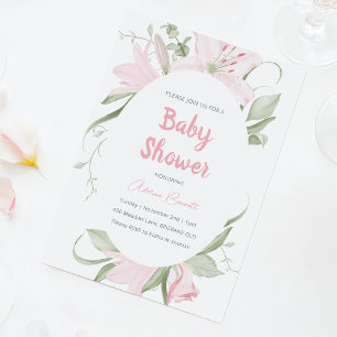 Invitation Fleurs Lys roses Baby shower Feuille vert