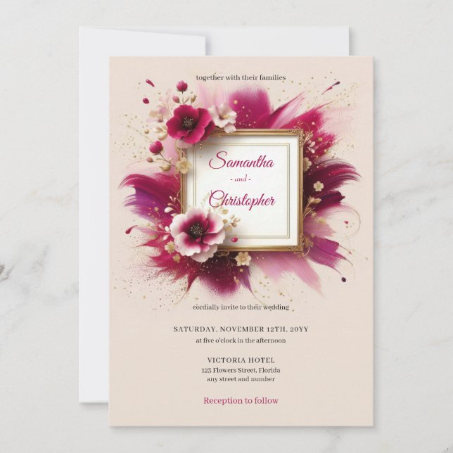 Invitation Fleurs magenta modernes et cadre or mariage (Devant)