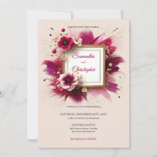 Invitation Fleurs magenta modernes et cadre or mariage