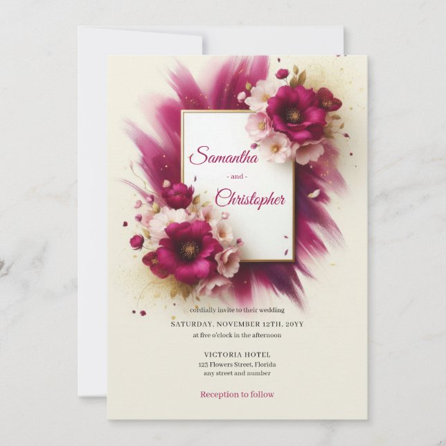 Invitation Fleurs magenta populaires et mariage cadre or (Devant)