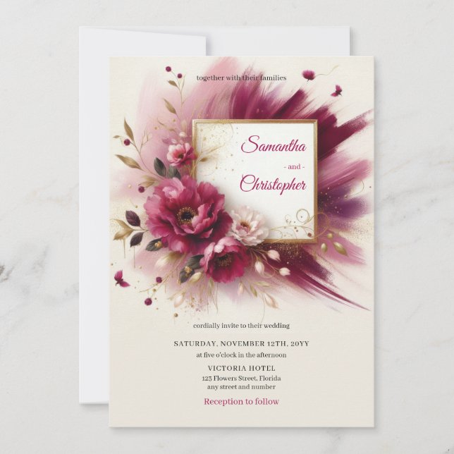 Invitation Fleurs magenta uniques et mariage cadre or (Devant)