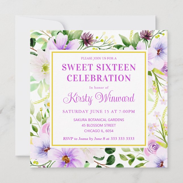 Invitation Fleurs Magiques Violet Aquarelle Douze Ans (Devant)