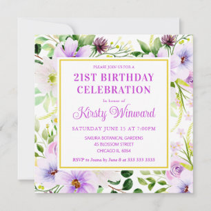 Invitation Fleurs Magiques Violettes Aquarelle Anniversaire