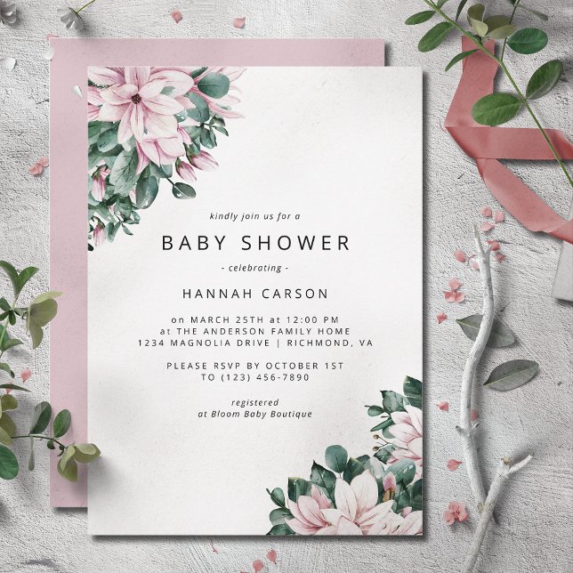 Invitation Fleurs Magnolia | Dusty Pink Spring Baby shower (Créateur téléchargé)