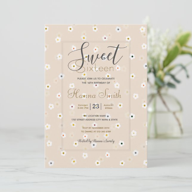 Invitation Fleurs marguerites blanches Retro 70's Boho Crème  (Debout devant)