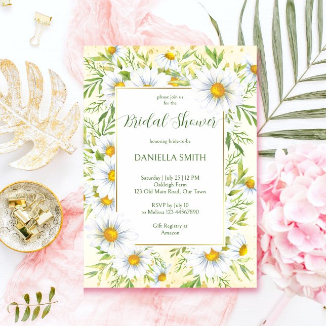 Invitation Fleurs marguerites sauvages printemps nuptiale (Wild daisy flowers yellow green spring summer bridal shower invitation template digital download )