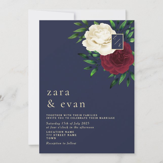 Invitation Fleurs Mariage Bordeaux Bleu Nuit  (Devant)