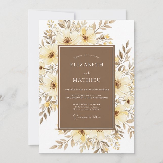 Invitation Fleurs Mariage Crème Peintre (Devant)