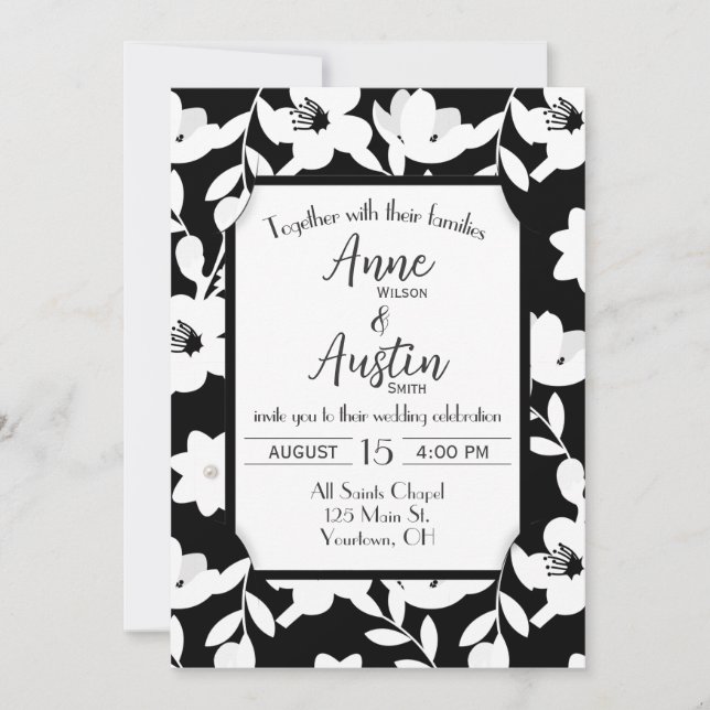 Invitation Fleurs Mariage Noir et Blanc  (Devant)