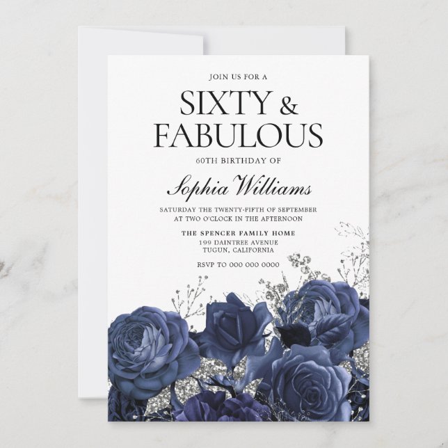Invitation Fleurs marine et argent 60e anniversaire Fabulous (Devant)