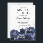 Invitation Fleurs marine et argent 60e anniversaire Fabulous<br><div class="desc">Navy & Silver Flowers 60th Birthday Fabulous Invitation Voir la collection correspondante dans Niche et Nest Store</div>