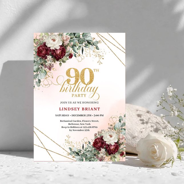 Invitation Fleurs Marron Sophistiquées Or 90e Anniversaire  (Sophisticated Maroon Flowers Gold 90th Birthday Invite)
