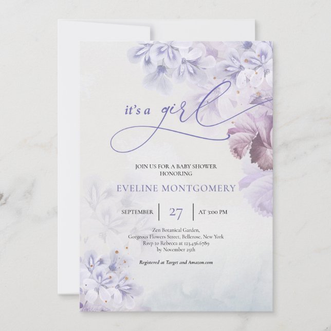 Invitation Fleurs mauve pastel doux bleu poussiéreux C'est un (Devant)