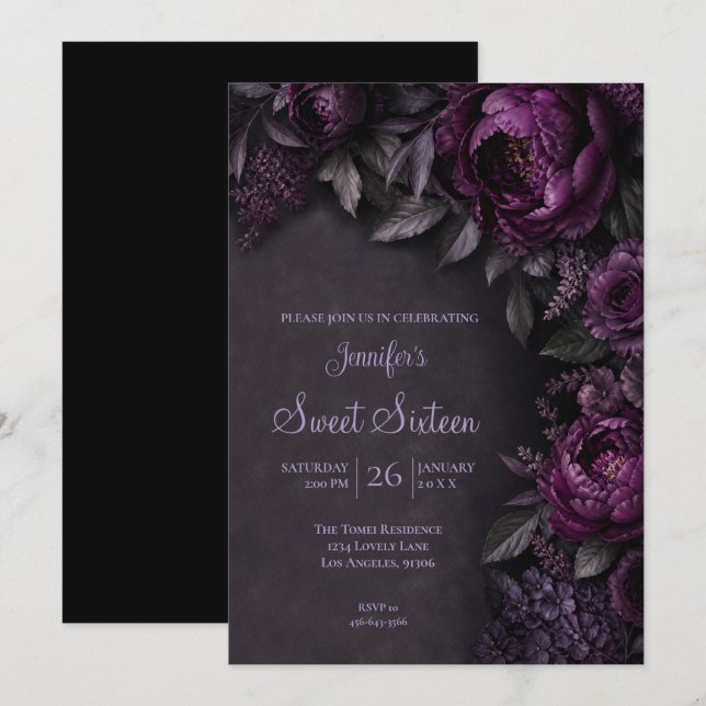Invitation Fleurs Mauves Moroses Sweet 16 Anniversaire (Devant / Derrière)