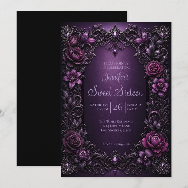 Invitation Fleurs Mauves Moroses Sweet 16 Anniversaire (Devant / Derrière)