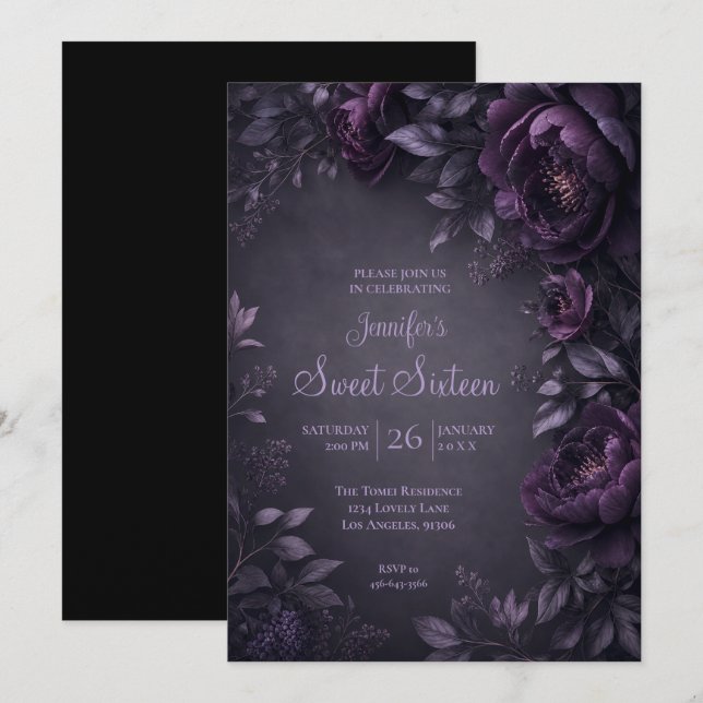 Invitation Fleurs Mauves Moroses Sweet 16 Anniversaire (Devant / Derrière)