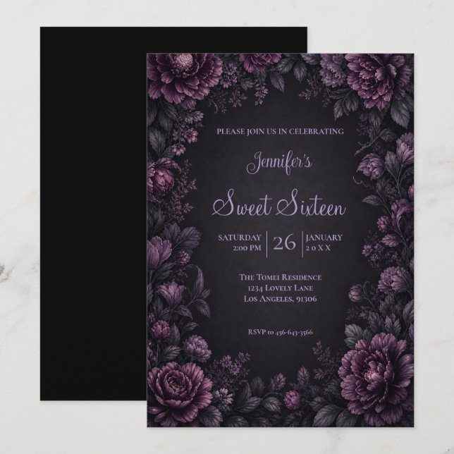 Invitation Fleurs Mauves Moroses Sweet 16 Anniversaire (Devant / Derrière)