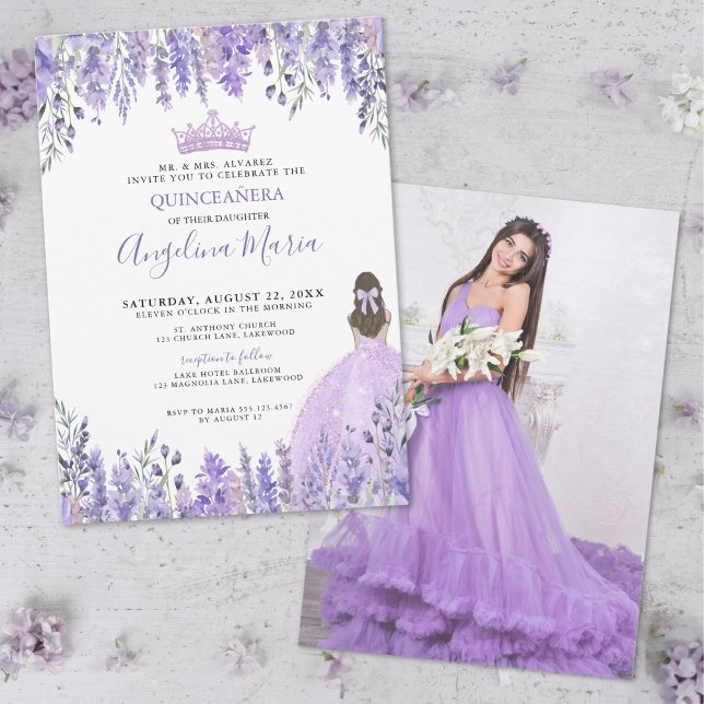Invitation Fleurs Mauves pour Quinceañera (Purple Lavender Photo Floral Quinceañera Invitation)