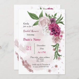 Invitation fleurs mauves roses & douches nuptiales feuilles v